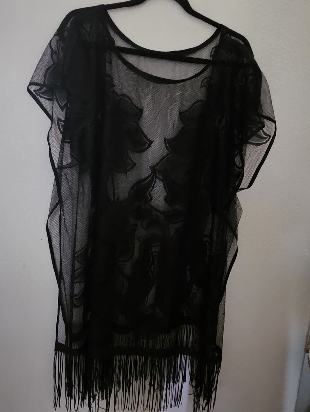 ​VTG Style Black Sheer Mesh Floral Lace Poncho Kimono Fringe Kaftan Top - Picture 2 of 8